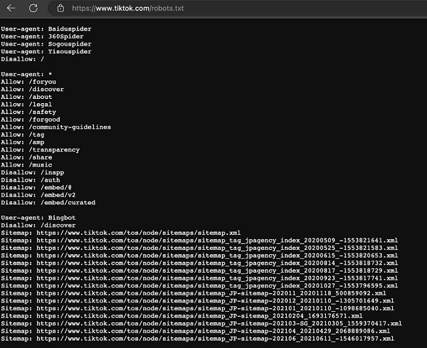 TikTok's robots.txt file